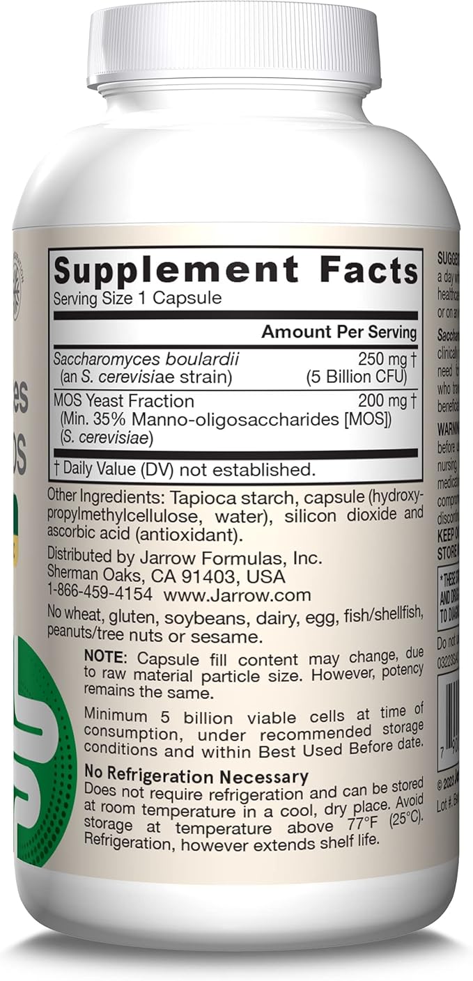 Jarrow Formulas Saccharomyces Boulardii + MOS Probiotics for Digestive Health and Intestinal Tract Support - 5 Billion CFU Per Serving - 90 Delayed Release Caps - Probiotic + Prebiotic - 90 Servings