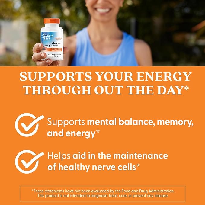 Doctors Best Chewable Fully Active Methyl B12, Methylcobalamin, Energy, Memory, & Mood Support, Non-GMO, Gluten Free, Soy Free, Vegan 60 Tablets
