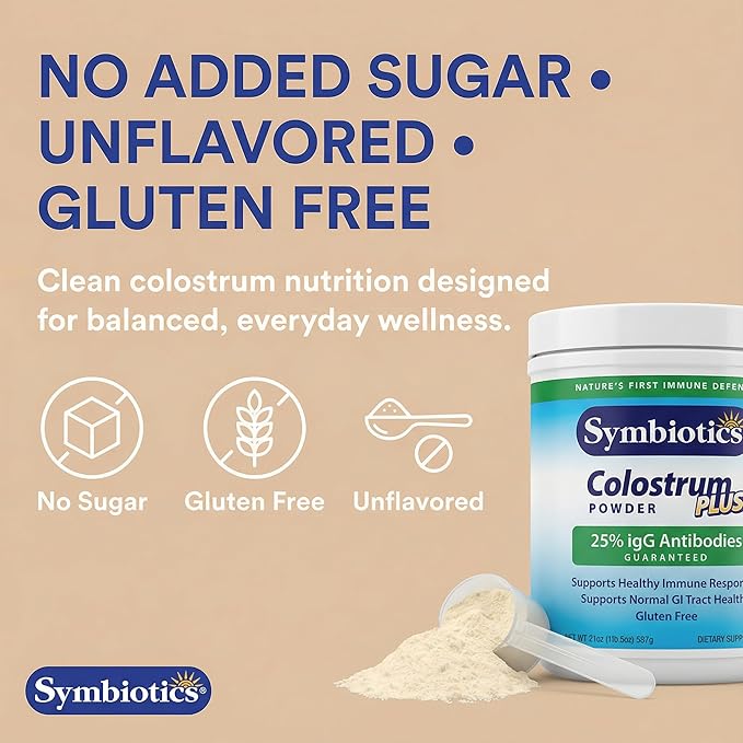 Symbiotics Colostrum Plus Powder 2.25 oz – Immune & Muscle Recovery Support, 25% IgG Immunoglobulins, Gut Health & Training Resilience, Unflavored, Gluten Free - 2.25 oz
