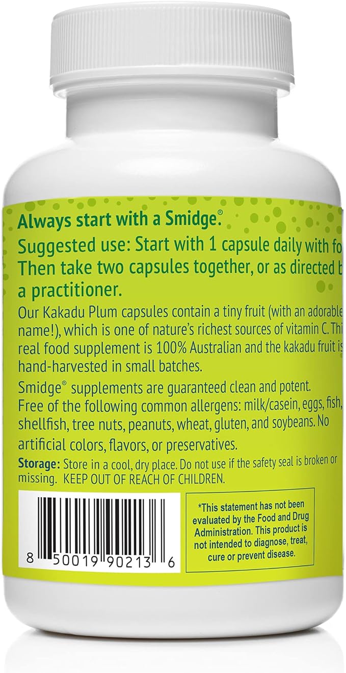Smidge® Kakadu Plum Capsules, 60 ct. Pure, Non-GMO Vitamin C from Australian Kakadu Plum. No Fillers, No Ascorbic Acid