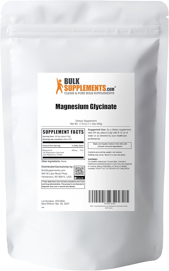 BulkSupplements.com Magnesium Glycinate Powder - Magnesium Glycinate 300mg, Highly Absorbable - Gluten Free, 2.2g per Serving, 500g (1.1 lbs) (Pack of 1)