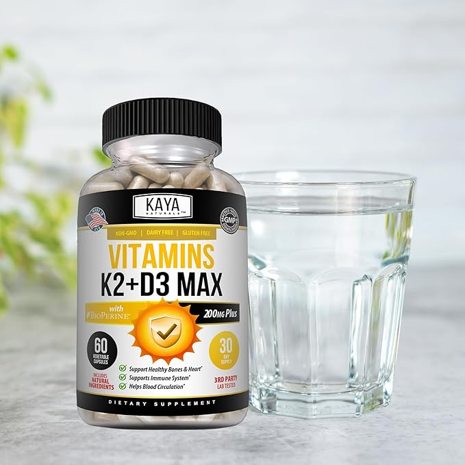 Kaya Naturals Vitamins K2 with D3 5000IU Supplement for Men and Women - Easy to Swallow - Bioperine Capsules (60 Count (Pack of 1)