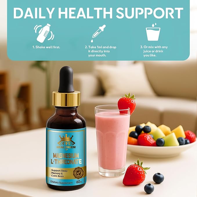 Magnesium L-Threonate Drop, Liquid Supplement w. Apigenin, Theanine, Lemon Balm for Sleep & Memory, Supports Cognitive Function & Balanced Mood, High Absorption