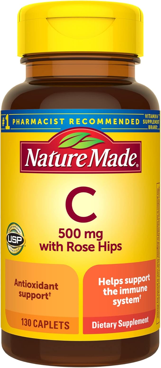 Nature Made Vitamin C 500mg with Rose Hips, Dietary Vitamin C Supplement for Immune Support, 130 Caplets, 130-Day Supply