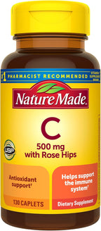Nature Made Vitamin C 500mg with Rose Hips, Dietary Vitamin C Supplement for Immune Support, 130 Caplets, 130-Day Supply