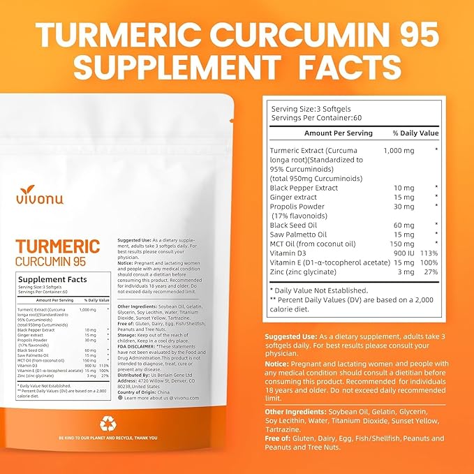 10-in-1 Turmeric Supplement Softgels, 95% Curcumin for 1000mg, Made Mct Oil, 60-Day Supply with Black Pepper, Ginger, Propolis Powder, Black Seed Oil, Saw Palmetto Oil, Zinc, Vitamin D3, E & More