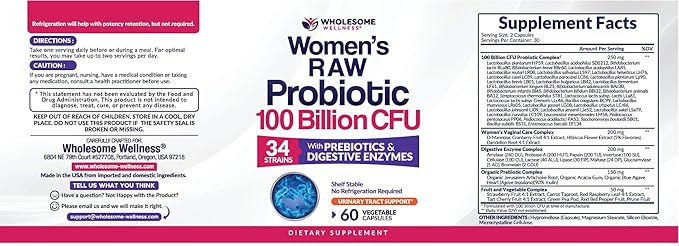 Wholesome Wellness Dr. Formulated Raw Probiotics for Women 100 Billion CFUs Capsules with Prebiotics, Digestive Enzymes, Approved for Adults, Shelf Stable Supplement