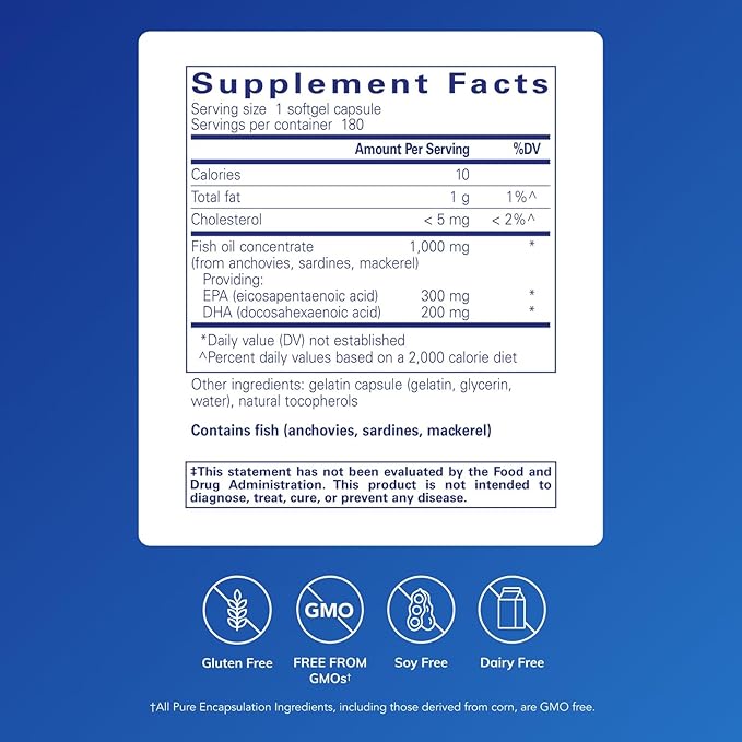 Pure Encapsulations EPA/DHA Essentials - Fish Oil Concentrate Supplement to Support Cardiovascular Health - Premium EPA & DHA Supplement with Omega 3 - 180 Softgel Capsules