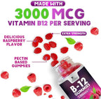 Vitamin B12 Energy Gummies - 3000 mcg per Serving Extra Strength B 12 Gummy for Metabolism & Immune System Support - Chewable Dietary B12 Supplements, Caffeine Free Gummy Vitamin - 120 Gummies
