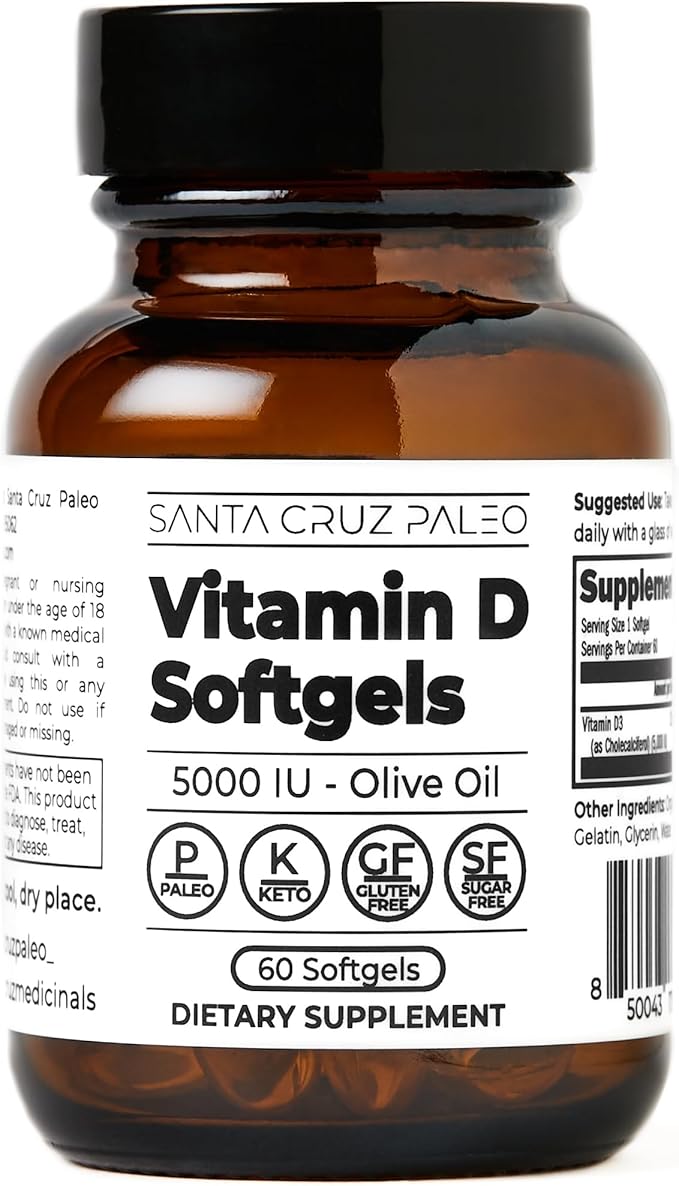 Santa Cruz Paleo Vitamin D3 5000 IU Softgels, Daily Supplement with Olive Oil for Men and Women, Formulated for Absorption, Supports Bone Health, Gluten Free, Sugar Free, Paleo, Keto, 60 Count