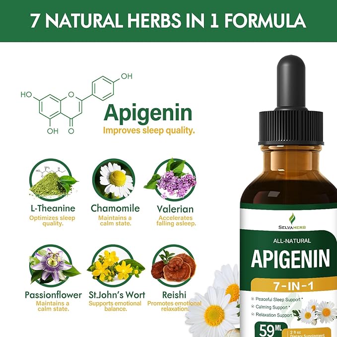 Apigenin Supplements for Sleep, 7-in-1 Formula Drops w/Chamomile Extract & L-Theanine for Calming & Relaxation Support, Fast Apsorption Liquid w/Valerian Root & Passion Flower. 2oz