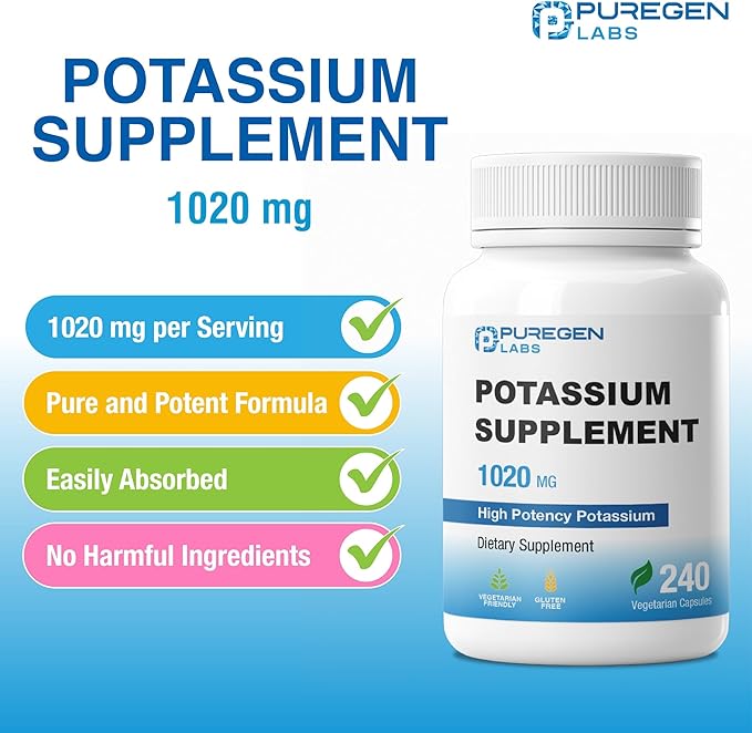 Puregen Labs Potassium Bicarbonate Supplement 1020 mg | Non-GMO | Gluten Free | 240 Vegetarian Capsules