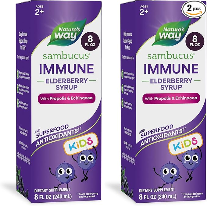 Nature's Way Sambucus Elderberry Immune Syrup for Kids Ages 2+,Echinacea & Propolis,with Superfood Antioxidants(1),Immune Support Syrup*,Vegetarian,Berry Flavored,8 Fl Oz,(Pack of 2)