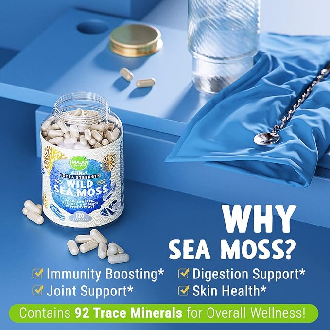 MAJU Wild Irish Sea Moss Capsules (120ct), Stronger Than Gel, 4-in-1 w/Bladderwrack + Burdock Root, Organic, Sebi Inspired, Raw, Seamoss Pills Powder, Wild, (2-Pack)