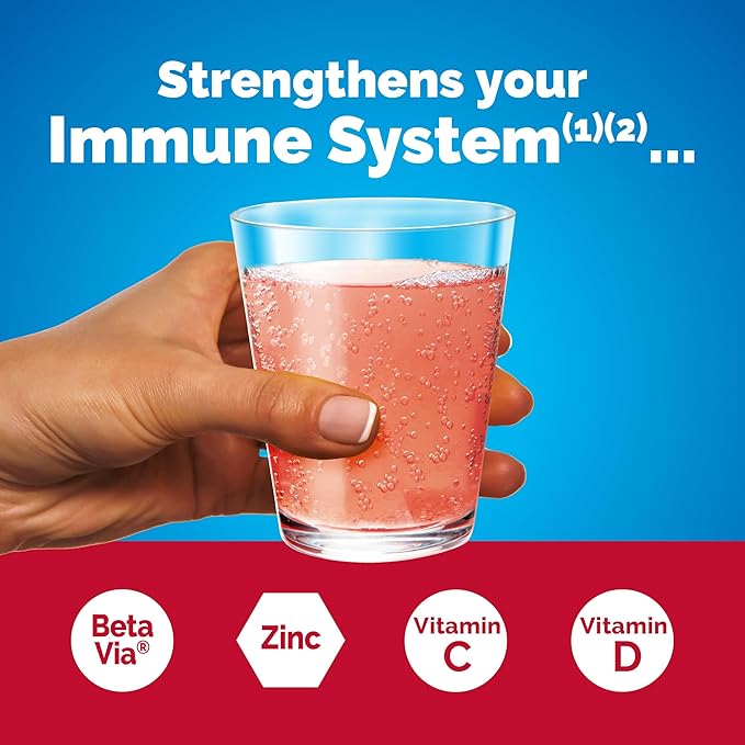Emergen-C Immune+ Triple Action Immune Support Powder, BetaVia (R), 1000mg Vitamin C, B Vitamins, Vitamin D and Antioxidants, Raspberry – 30 Count