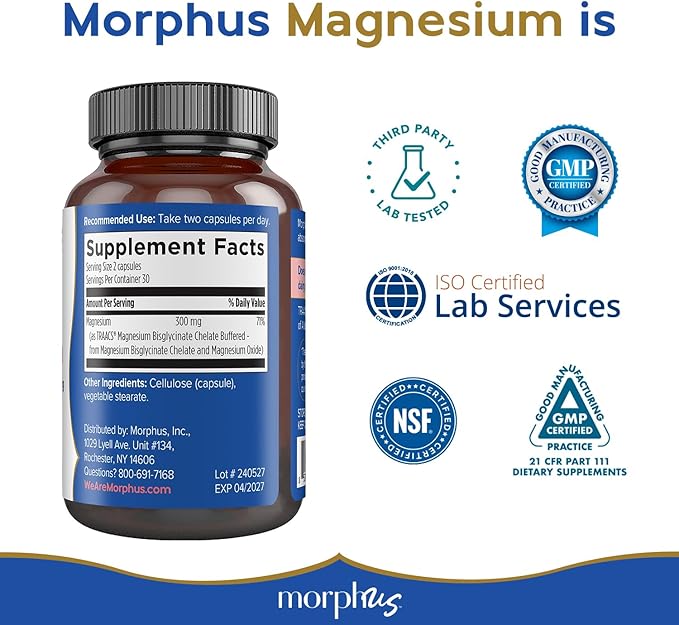 Morphus Magnesium Bisglycinate Chelate 300mg Supplement | 60 Capsules | Helps Women with Perimenopause & Menopause Symptoms | Restful Sleep, De-Stress, Relaxes Muscles & Nerves | Fast Absorption
