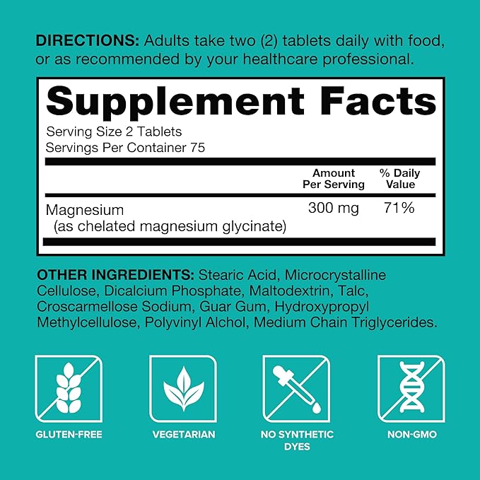 Qunol Magnesium Glycinate 300mg,100% Glycinate Chelated Magnesium Supplement,150ct Tablets,(Pack of 2)