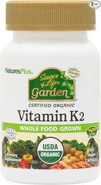 NaturesPlus Source of Life Garden Vitamin K2 - 60 Capsules, Pack of 2 - Supports Healthy Bones - USDA Certified Organic, Non-GMO, Vegan, Gluten Free - 120 Total Servings