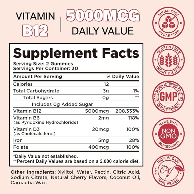 Vitamin B12 Gummies for Women & Men, 5000mcg Methyl B12 Gummies with Vitamin B6, D3, Iron, Folate for Adults, Support Energy & Metabolism Boost, Mood, Immune & Nervous System, Sugar Free Cherry Flavor