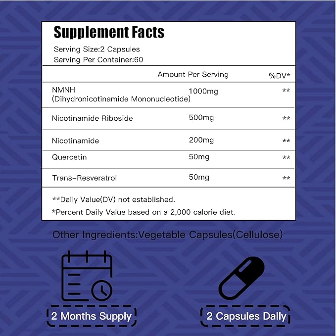 NMNH (Dihydronicotinamide Mononucleotide),NMNH Supplement 1000mg Pure Nicotinamide Mononucleotide Boosts NAD+ Levels, NAD Supplement,for Energy,Immune,Non-GMO, Gluten Free,120 Capsules