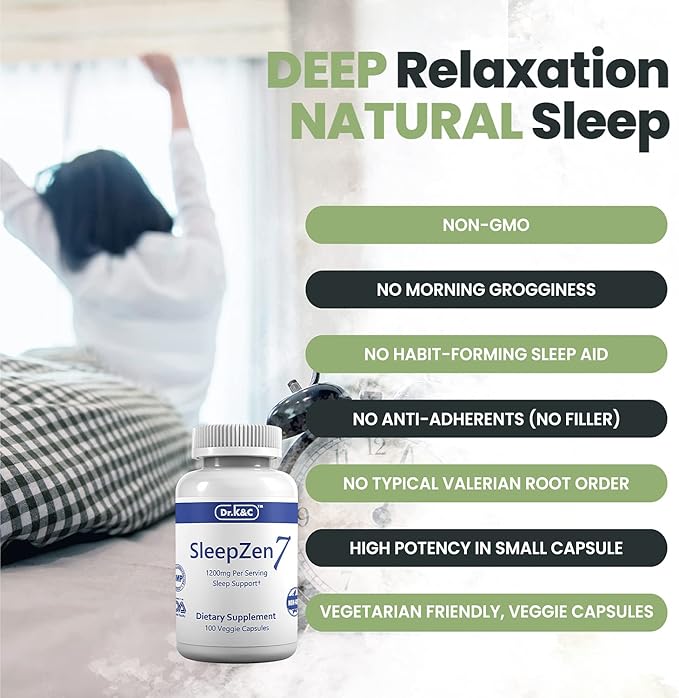 Dr.K&C SleepZen7 Sleep Supplement – All Natural Botanical Plant Sourced 1200 mg 200 Veggie Capsules Sleeping Support Organic Tart Cherry Valerian Root Extract No Filler Non GMO 2pk