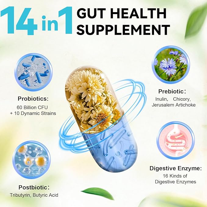Totaria 14-in-1 Gut Health Supplement with Probiotics, Prebiotics, Postbiotics & Digestive Enzymes for Women & Men, 60 Billion CFU Probiotics for Gut and Digestion, Strong Immunity, Skin (2 Pack)