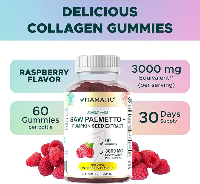 Vitamatic Saw Palmetto & Pumpkin Seed Gummies – Sugar-Free Botanical Extract – Natural Raspberry Flavor – Vegan, Non-GMO, Plant-Based Gummies – 60 Count