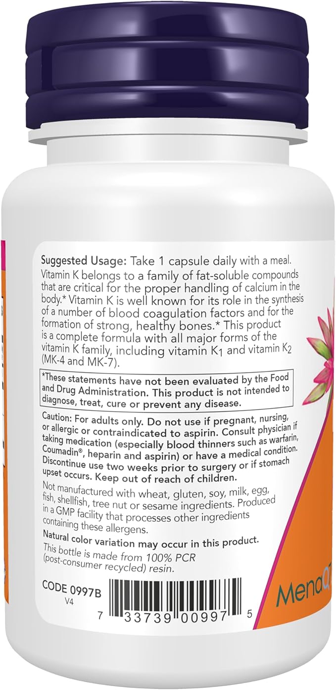 NOW Foods Supplements, MK-7 Plus with K1 & MK-4, Supports Bone Health*, 90 Veg Capsules