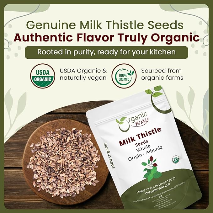 Organic Way Whole Milk Thistle Seeds (Silybum marianum) - Herbal Tea | European Wild-Harvest, Organic & Kosher Certified, Vegan, Non GMO & Gluten Free, USDA Certified, Origin - Albania (8 Oz)