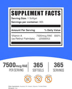 BulkSupplements.com Vitamin A 25000 IU Softgels - Vitamin A Supplement, as Retinyl Palmitate, for Eye & Immune Support - Gluten Free, 1 Softgel per Serving, 365 Count (Pack of 1)