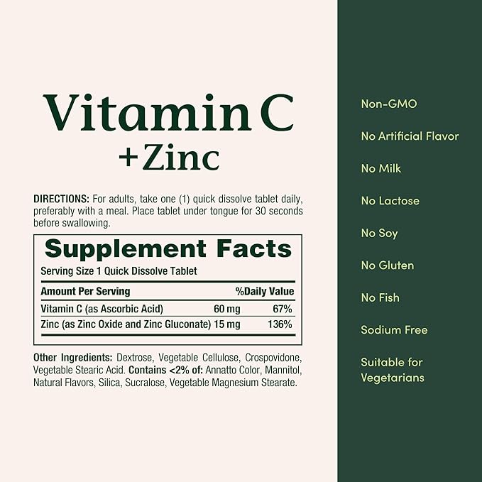 Nature's Bounty Vitamin C + Zinc, Vitamin Supplement, Supports Immune Health, 60 mg, 60 Tablets