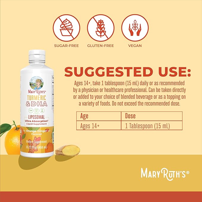 MARYRUTH'S Organics | Liposomal Turmeric & DHA | Curcumin | Ginger Root Oil | Algal DHA & Vitamin E | Cognitive Function | Mood Support | Joint Health | Liquid Supplement | 15.22 oz