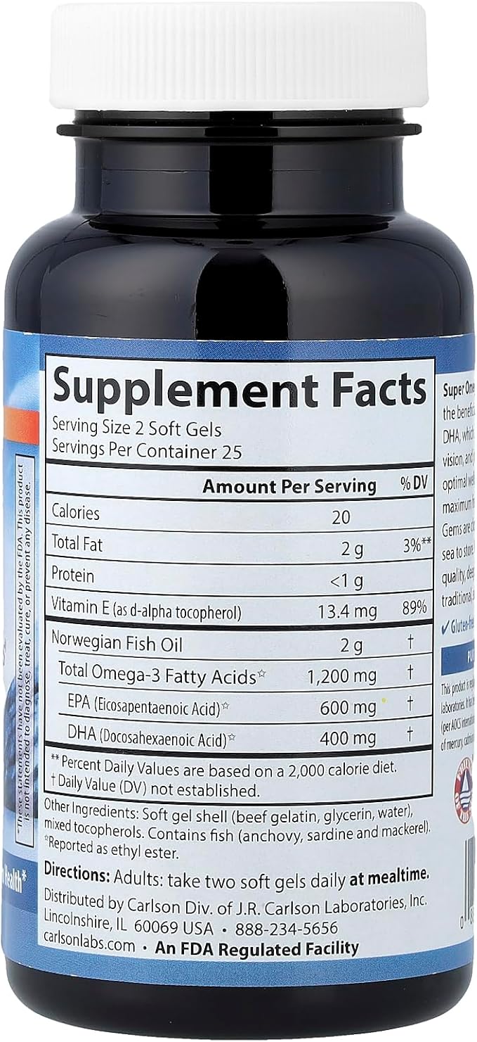 Carlson - Super Omega-3 Gems, 1200 mg Omega-3s, Wild Caught, Sustainably Sourced, 50 soft gels