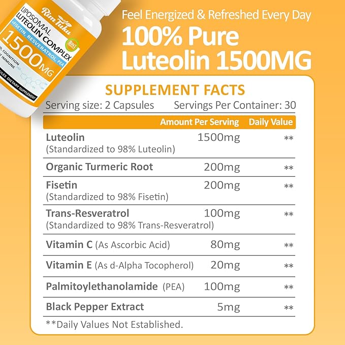 1500MG Liposomal Luteolin Supplement 8-in-1 Formula with Fisetin, Pea, Turmeric, Potent Flavonoid Absorption-Optimized Actives for Brain 240 Capsules