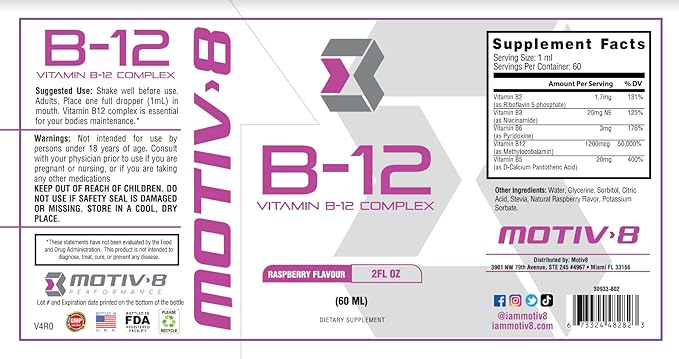 Motiv-8 Essentials Vitamin B-12 Drops, Sublingual, Easy to Take Liquid Supplement, Supports Eye Health, Brain Energy, Nervous System, Cognition & Memory (60 Servings, Raspberry)
