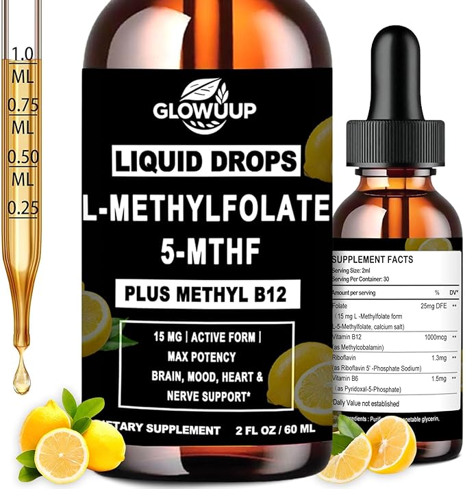 Methylfolate 15mg with Methyl B12 Liquid Drops | Active 5-MTHF Folate & B Complex Vitamins (B2 Riboflavin & B6) | Lemon Flavor Sublingual丨MTHFR Support Supplement for Methylation Mood & Energy–2 fl oz