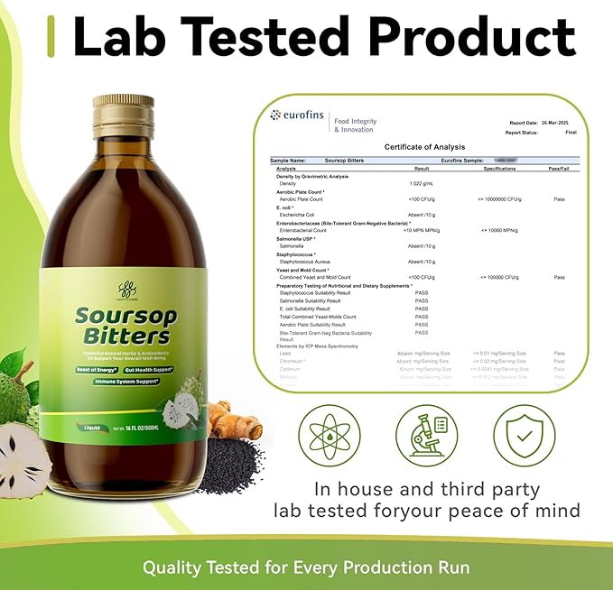 Soursop Bitters Liquid for Digestive Health,Gut Detox&Cleanse,Antioxidant,Immune Support,Skin Health-Pure 15 Herb Guanabana Tea with Black Seed,Moringa & Turmeric,98% High Absorption,Non-GMO 16 fl oz