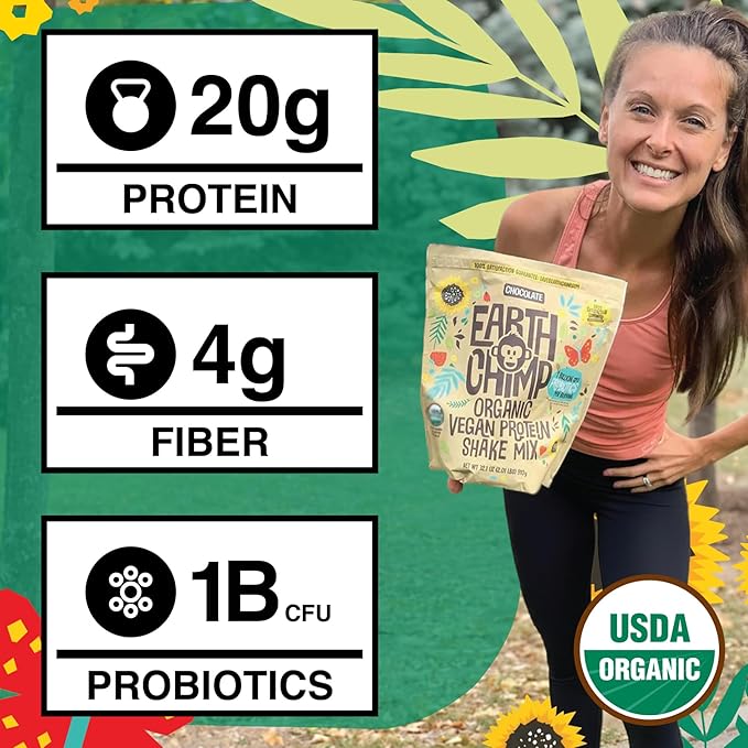 EarthChimp Organic Vegan Protein Powder - with Probiotics - Non GMO, Dairy Free, Non Whey, Plant Based Protein Powder for Women and Men, Gluten Free - 52 Servings, 64 Oz (Plain & Unsweetened)