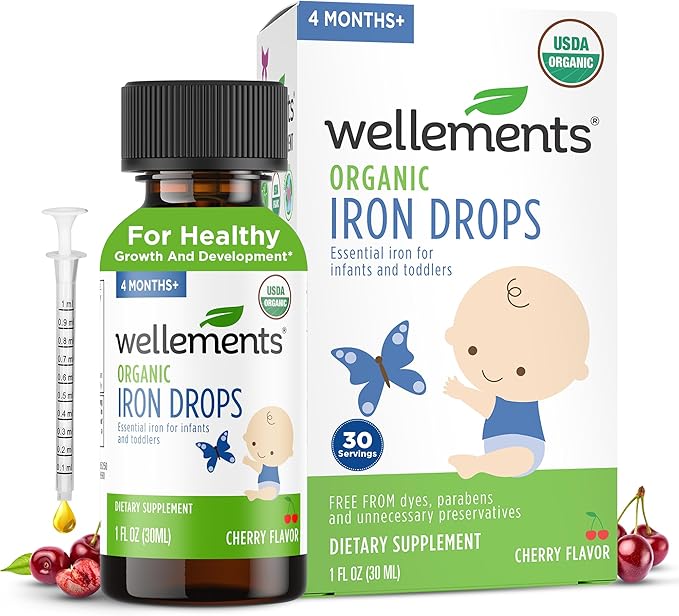Wellements Organic Iron Drops for Newborn+ Babies (1 Fl Oz) - Cherry Flavor Liquid Iron Supplement for Infants - Toddler Iron Supplement for Kids (4months+ to 3 Years) - Supports Growth & Development*