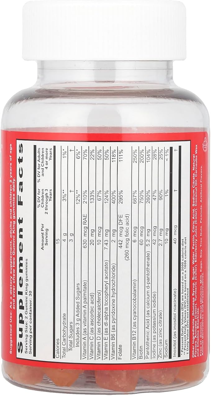 Gummi King Multi Vitamin + Mineral Gummi (Dietary Supplement), Natural Grape, Lemon, Orange, Strawberry, and Cherry, 60 Count, BT-GKMU-029