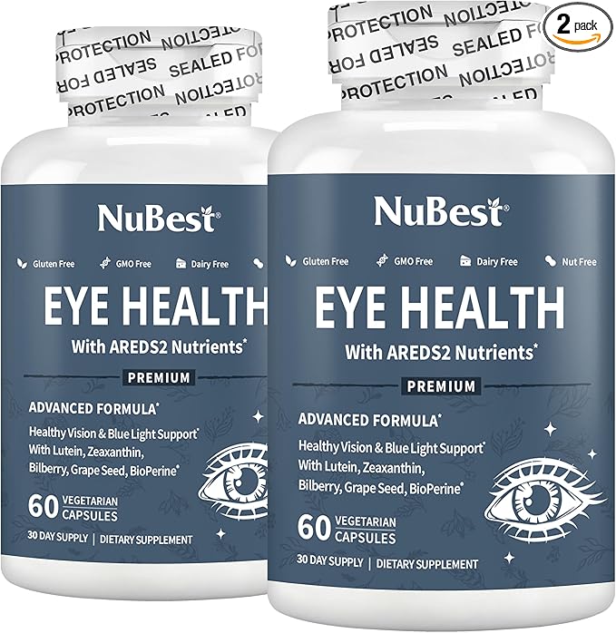 NuBest AREDS 2 Eye Vitamins with Beta Carotene Carrot Powder, 20mg Lutein, 4mg Zeaxanthin, Bilberry, Grape Seed, BioPerine, B-Complex, Multivitamin for Eye Health | Pack 2