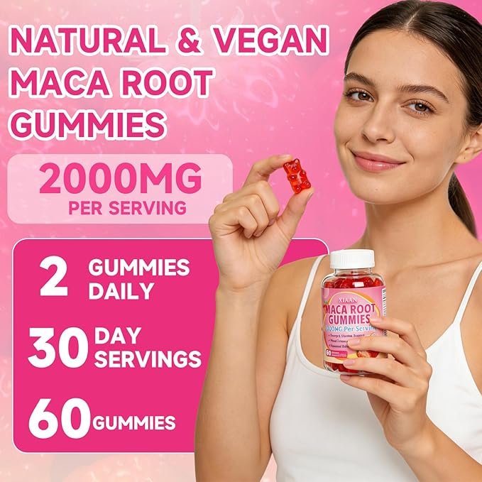 Maca Root Gummies for Women & Men, Organic Maca Root Supplement with Ashwagandha for Energy & Strength Support, Sugar-Free/Vegan/Non-GMO, Strawberry Flavor 120 Count