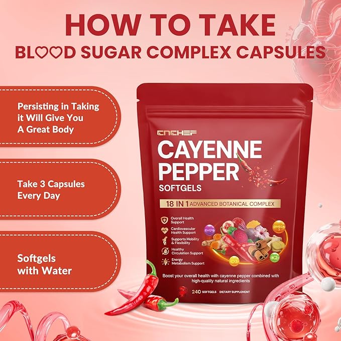 Cayenne Pepper Softgels Supplement, Cayenne Pepper Capsules with VitaminD3+K2,Berberine, Q10, Omega-3, Turmeric, Hawthorn, Beetroot, Supports Leg Vein, Digestive & Heart Vessel Health, 240 Softgels