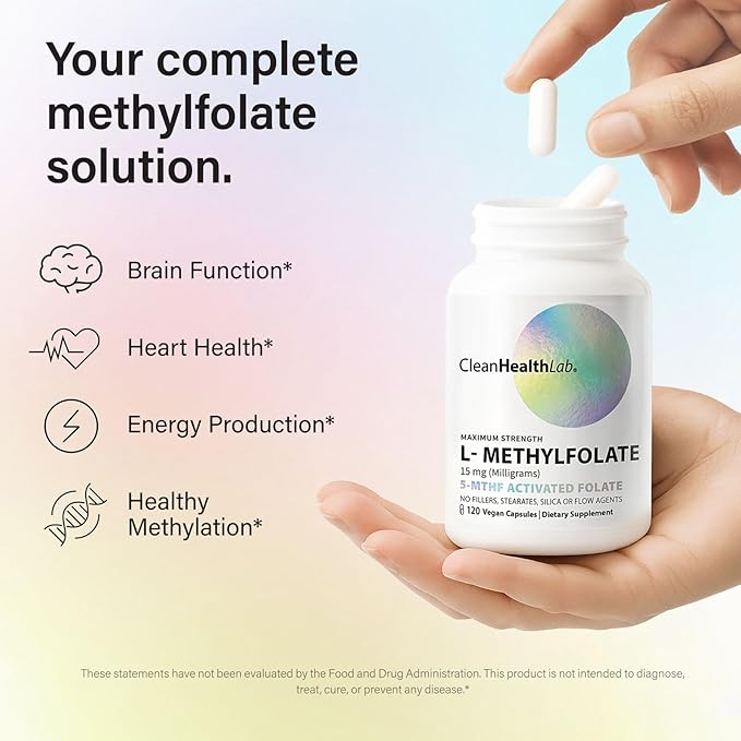 CleanHealthLab L-Methylfolate 15mg, 5-MTHF Active Folate - Maximum Potency Methylated Vitamin B9 Supplement - Support for Brain Health, Energy, Nerves, and Methylation with No Fillers (120 Count)
