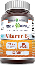 Amazing Formulas Vitamin B6 (Pyridoxine HCI) Supplement | 100 Mg | Tablets | Non-GMO | Gluten-Free | Made in USA (1 Pack | 100 Count)