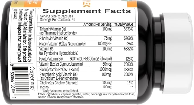 OxyEnergy Mega Vitamin B Complex for Women and Men, with Choline Inositol Biotin Folic Acid B1 B2 B3 B5 B6 B12, Neurological Health Support Cellular Energy - 90 Capsules,45Days Supply