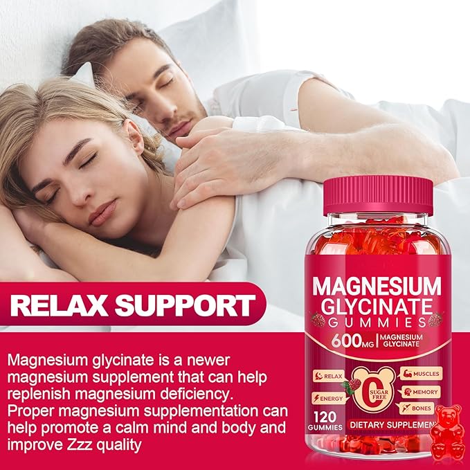 Magnesium Glycinate Gummies 600mg, Sugar Free Magnesium Gummies for Adults, Chewable Potassium Supplements for Body Support, Zzz and Relaxation, 120 Count