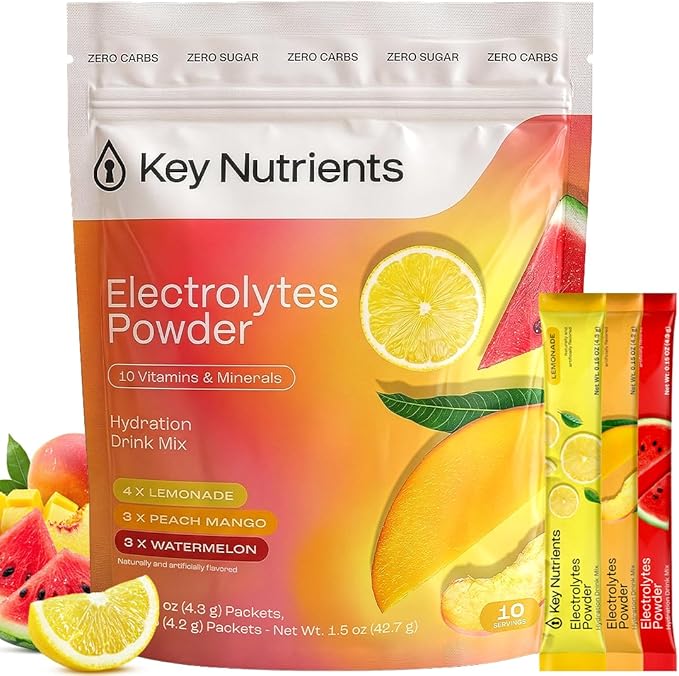 KEY NUTRIENTS Electrolytes Powder Packets – Variety Pack – Sugar Free Hydration Drink Mix – Keto Electrolytes Hydration Packets – Improved Refreshing Taste Lemonade, Peach Mango & Watermelon – 10 Pack