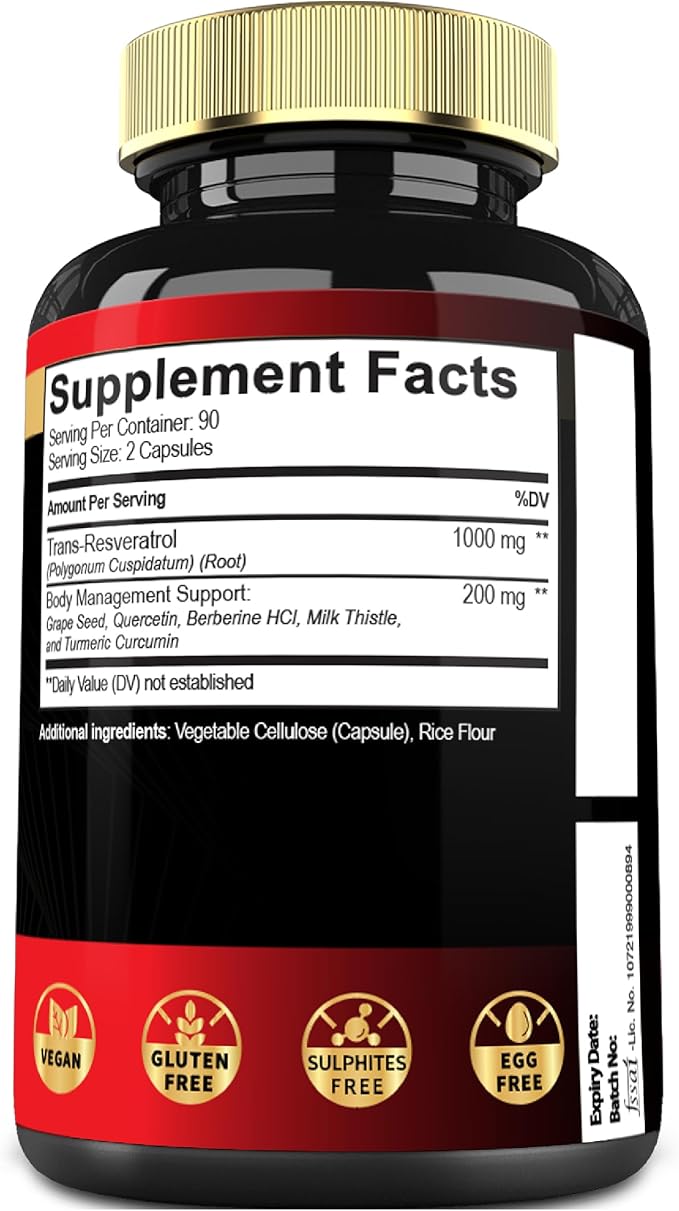 6in1 Trans Resveratrol Supplement with Grape Seed, Milk Thistle, and More - Resveratrol 1000mg - Supports for Immune System, Heart Health, Body Management - 180 Capsules