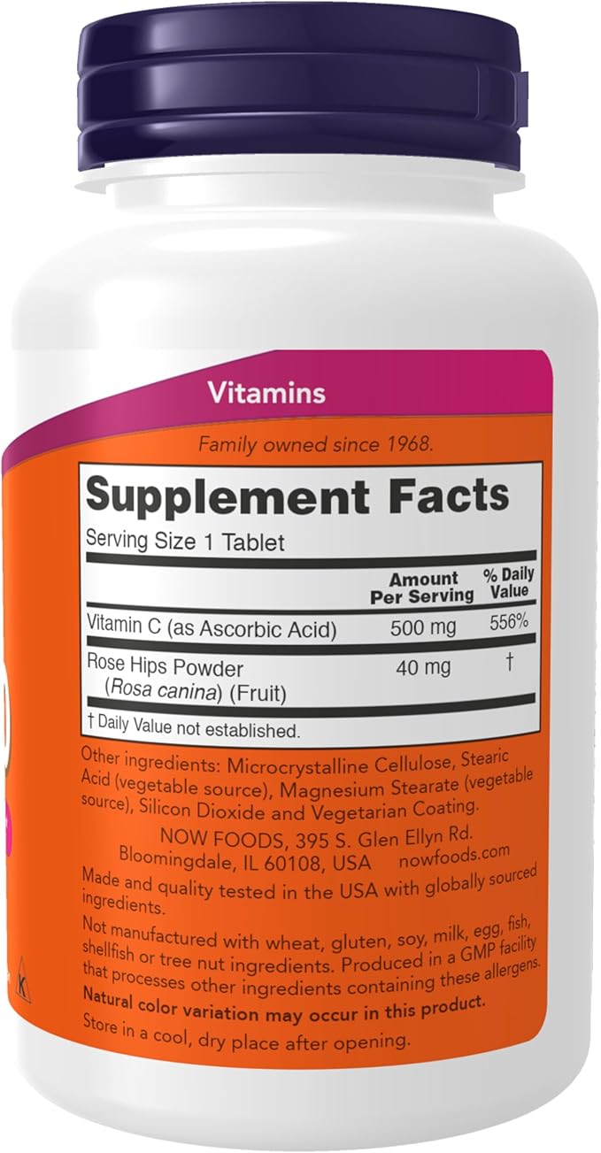 Now Supplements,Vitamin C-500 with Rose Hips,Antioxidant Protection*,250 Tablets,(Pack of 2)
